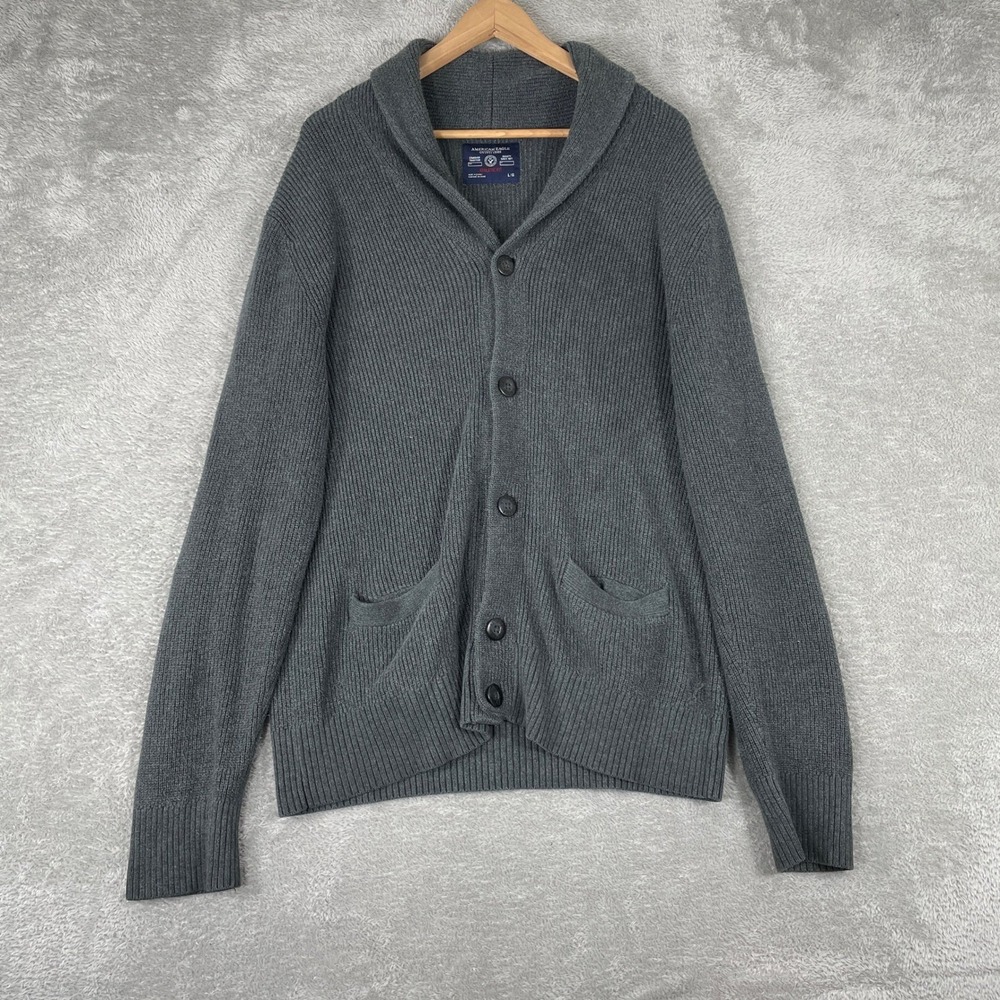 American Eagle Cardigan Womens Large Gray Shawl Collar Ribbed Knit Sweater